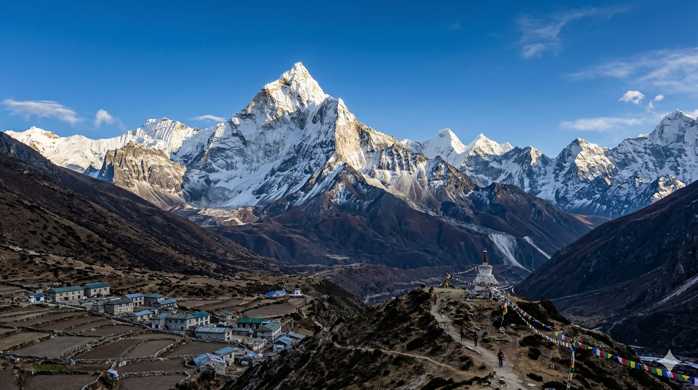 SUV in the Himalayas with Ama Dablam in the background